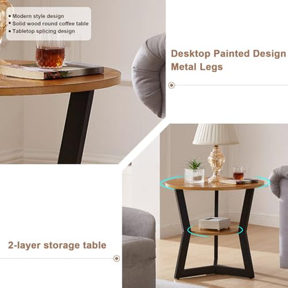 End Table, Round Wood End Table for Living Room with 2-Tier Table Top with Storage Rack, Metal Leg Triangle Support Design, Home Furniture, 25 x 25 x 24 in, Brown