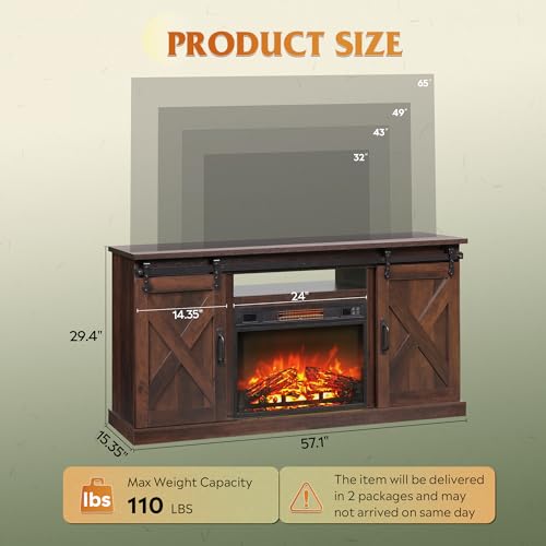 Farmhouse Fireplace TV Stand for TVs Up to 65", Sliding Barn Doors, view 3