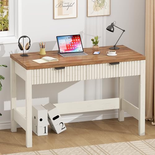 39 Inch Small Fluted Computer Desk with 2 Drawers for Bedroom, Home Office, view 2