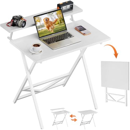 Folding Computer Desk with Adjustable Height, 23.6" x 31.5" x 25.6" Foldable Table with Monitor Stand, Small Office Desk for Bedroom, Space Saving Desk for Home Office, Easy Assemble, White