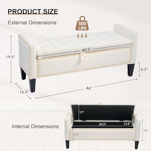 Velvet Storage Ottoman Bench, 46'' Upholstered Button Tufted End of Bed Bench, Modern Entryway Ottoman Bench with Arms, Beige