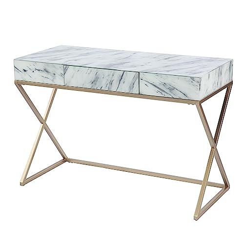 Kamblemore Faux Marble Writing Desk with Storage - Transitional Design, White Glass and Wood - Ideal for Home Office, Bedroom (HO1152137)