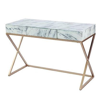 Kamblemore Faux Marble Writing Desk with Storage - Transitional Design, White Glass and Wood - Ideal for Home Office, Bedroom (HO1152137)