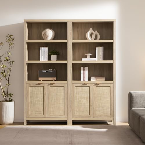 Bookcase 71" Tall Bookshelf 5 Tier Rattan Boho Bookcase with Doors Storage Large Book Case Shelf Farmhouse Bookshelves Library Book Shelves for Living Room Bedroom Home Office Kitchen