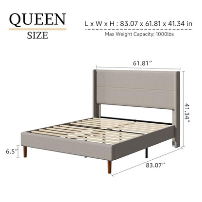 Queen Size Linen Platform Bed Frame with Wingback Upholstered Headboard, view 3