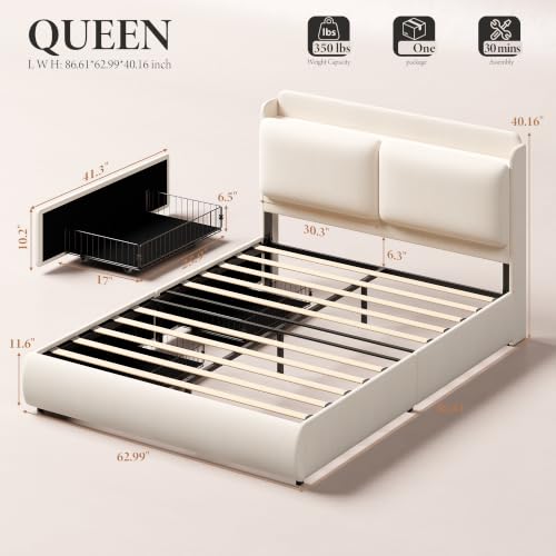Chenille Fabric Queen Size Bed Frame with 2 Storage Drawers - Beige, view 3