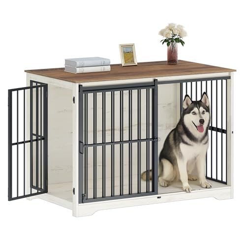 XXL Large Dog Crate Furniture, 46.9" Indoor Dog Kennel Furniture with Barn Door, Wooden Tall Dog Crate, Heavy Duty Dog Cage for Large Dogs, Side End Table, Anti-Chew, White Brown DFC83814B