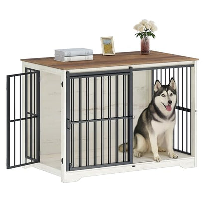 XXL Large Dog Crate Furniture, 46.9" Indoor Dog Kennel Furniture with Barn Door, Wooden Tall Dog Crate, Heavy Duty Dog Cage for Large Dogs, Side End Table, Anti-Chew, White Brown DFC83814B