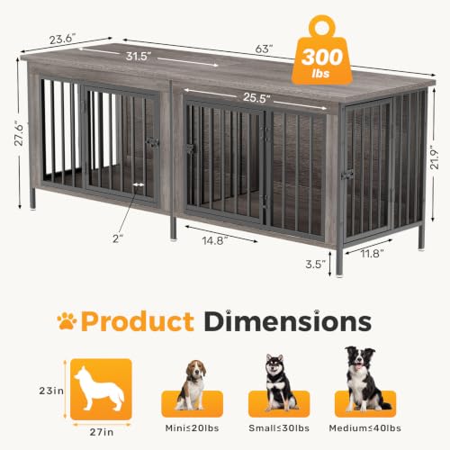 63" Double Dog Crate Furniture for 2 Dogs, Gray Wood Grain, view 7