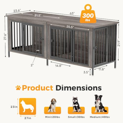 63" Double Dog Crate Furniture for 2 Dogs, Gray Wood Grain, view 7
