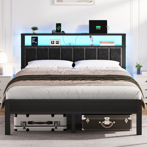 Queen Size Bed Frame with LED Lights & Charging Station, view 2