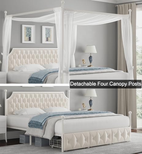 King Upholstered Canopy Bed Frame with 3 Storage Drawers & Button Tufted, view 7