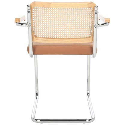 SAFAVIEH Furniture - Coralia Set of 2 Modern Coastal Dining Arm Chairs - Cognac Faux Leather, Natural Rattan & Chrome Cantilever Seating, 19.3" Seat Height (DCH1102A-SET2)