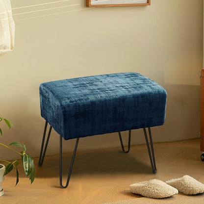 Majolica Blue Fuzzy Velvet Ottoman, 19" Rectangular Foot Rest Stool for Living Room, Small Space Entryway Bench Shoes for Bedroom End of Bed, Decorative Makeup Stool for Adults