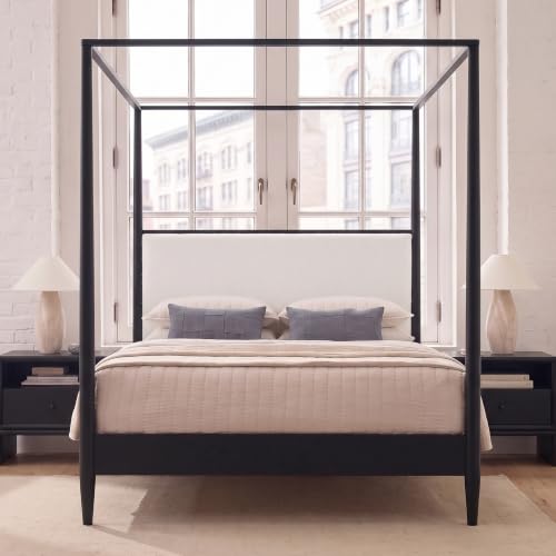 Queen Size Wood Canopy Bed with Upholstered Headboard, Black, view 2