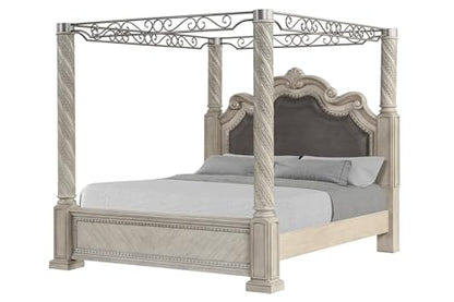Vintage Four Poster Bed with Spiral-Carved Posts and Metal Scrollwork in Weathered Gray, view 2