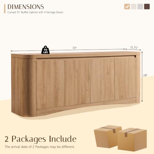 Modern Curved 70" Buffet Cabinet with 4 Storage Doors, Natural, view 3