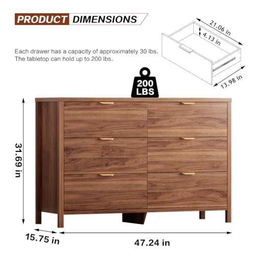 Dresser for Bedroom with 6 Drawers, 47.2" Modern Chest of Drawers, view 3