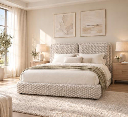 Queen Bed Frame, Upholstered Bed Frame with Headboard, Cream, view 2