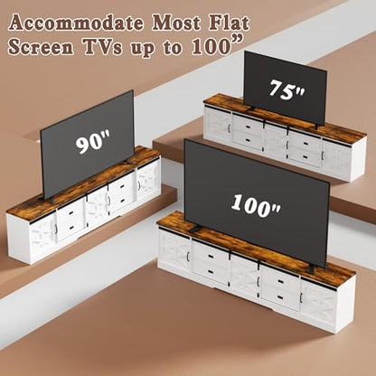 98" Farmhouse TV Stand for 100+ Inch TVs Entertainment Center with Storage Cabinets Large Mid Century Modern Media Console Table TV Cabinet for Living Room,Bedroom,White and Brown