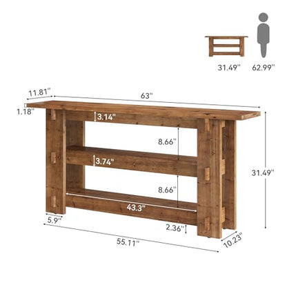 63-Inch Solid Wood Console Table, Farmhouse Sofa Table Behind Couch with Storage Shelves, Entryway Furniture for Living Room, Hallway, Foyer, Rustic Brown