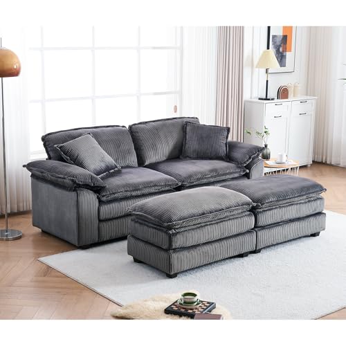 84.6” Corduroy Loveseat with Ottoman, Oversized Double Chaise Lounge Chair Indoor Deep Seat Two Seater Couch Cloud Couch Modular Sectional Sofa for Living Room(Corduroy Grey)