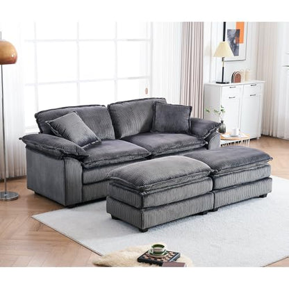 84.6” Corduroy Loveseat with Ottoman, Oversized Double Chaise Lounge Chair Indoor Deep Seat Two Seater Couch Cloud Couch Modular Sectional Sofa for Living Room(Corduroy Grey)