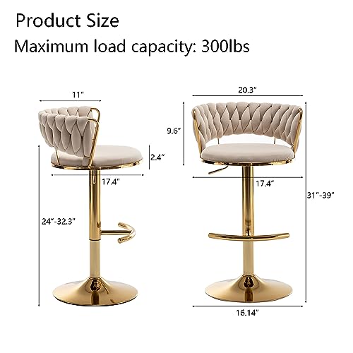 Velvet Bar Stools Set of 2, Counter Height Barstools with Low Back, view 4