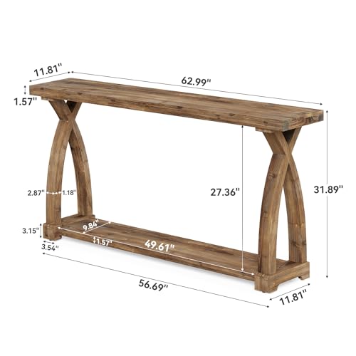 Solid Wood Console Table for Entryway, 63-Inch Narrow Farmhouse Couch Table Behind Sofa with 2-Tier Storage for Entrance, Foyer, Living Room, Long, Rustic Brown