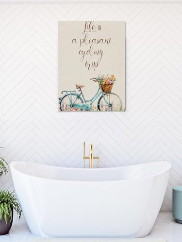 NuYeBiofx Life Is An Enjoyable Cycling Trip Canvas Wall Art Prints,30"x20" Framed Picture Artwork Bike Flowers Printed Canvas Oil Painting for Living Room Bedroom Office,Ready to Hang