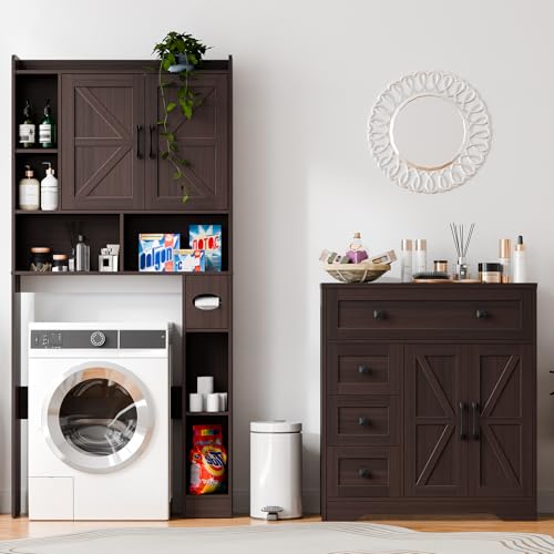 Farmhouse Storage Cabinet with 2 Doors and 4 Drawers, Freestanding Bathroom Storage Cabinet Kitchen Pantry, Floor Cupboard for Living Room/Bathroom/Kitchen,Espresso