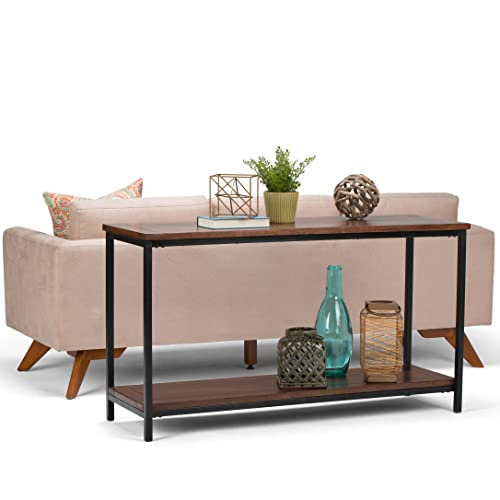 Skyler Console Table - 54 Inch Wide Solid Mango Wood and Metal Sofa Table in Dark Cognac Brown, Industrial Entryway Table for Living Room with Open Bottom Shelf and Black Steel Frame