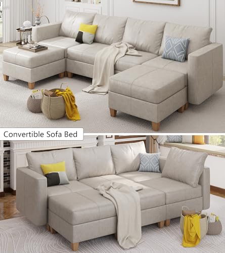 Modular Sectional Sofa with Storage, Faux Leather Sectional, Leather Couches for Living Room,Whitesand