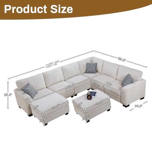 Oversized Modular Sectional Sofa,U/L-Shaped Corduroy Couch with Ottoman,Deep Seat & Removable Cushion,Easy Assembly for Living Room Apartment,8 Seater,Cream