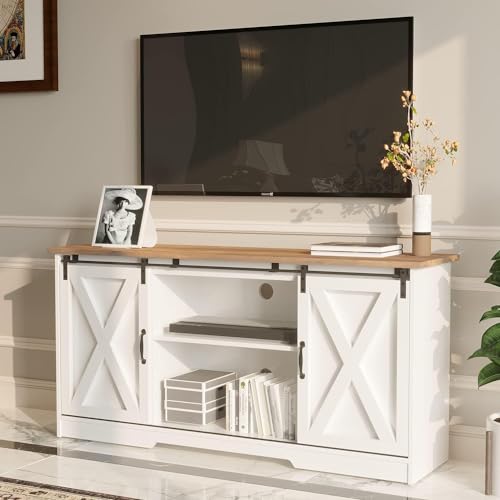 TV Stand for 65 Inch TV for Living Room, Modern Farmhouse Barn Door TV Stand with Storage Cabinets and Adjustable Shelves for Bedroom, Media Entertainment Center TV Console Table, White