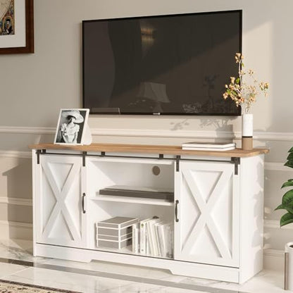 TV Stand for 65 Inch TV for Living Room, Modern Farmhouse Barn Door TV Stand with Storage Cabinets and Adjustable Shelves for Bedroom, Media Entertainment Center TV Console Table, White