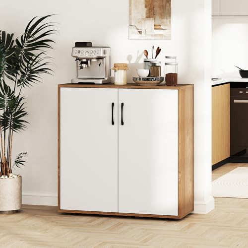 Sideboard Buffet Cabinet with Storage, Kitchen Accent Storage Cabinet with Adjustable Shelf, Freestanding Organizer for Living Room Entryway, 31.5" Lx13 Wx32.5 H (White+Natural)