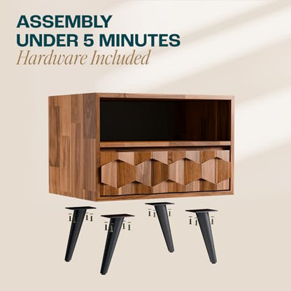 Georgina Solid Wood Nightstand with 1 Drawer & Open Shelf- Fully Assembled Mid Century Modern Side Table - Geometric Pattern Bedside Dresser for Bedroom and Living Room, Dark Chocolate