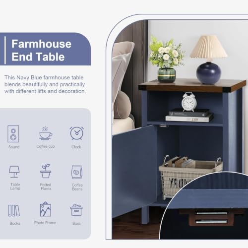 Navy blue farmhouse nightstand with barn door and shelf, view 6