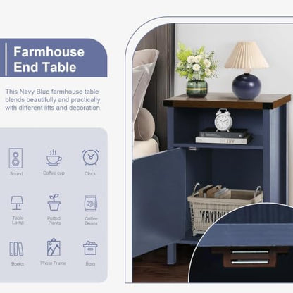 Navy blue farmhouse nightstand with barn door and shelf, view 6
