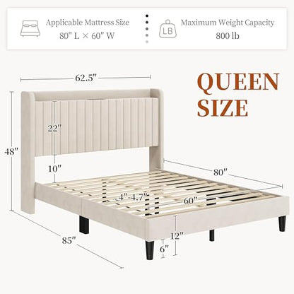 Yaheetech Queen Bed Frame with Channel-Tufted Storage Headboard, Beige, view 3