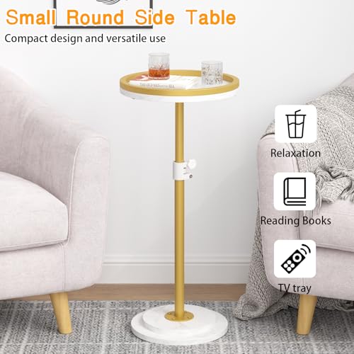 Small Side Table, Drink Table, Height Adjustable Round End Table, Pedestal Side Table for Small Spaces in Living Room, Bedroom, Gold