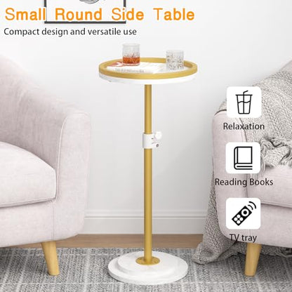 Small Side Table, Drink Table, Height Adjustable Round End Table, Pedestal Side Table for Small Spaces in Living Room, Bedroom, Gold