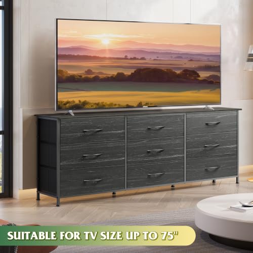 Dresser TV Stand for 75 Inches TV, 9 Fabric Drawers, Black Wood Grain, view 5