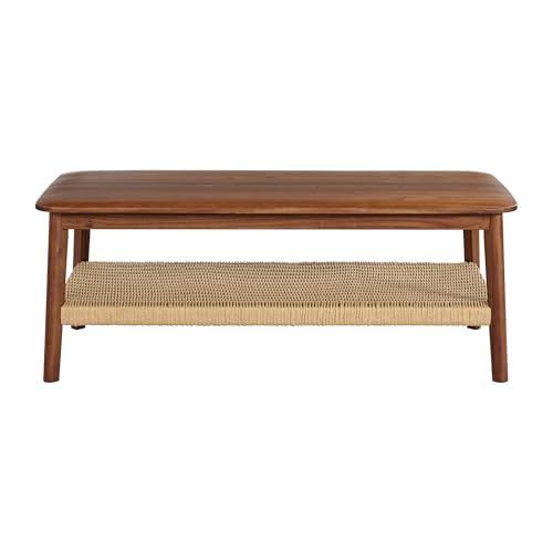 Calais 48 Inch Rectangular Solid Wood Coffee Table with Woven Storage Shelf – Mid Century Modern 2-Tier Living Room Table (Chestnut)