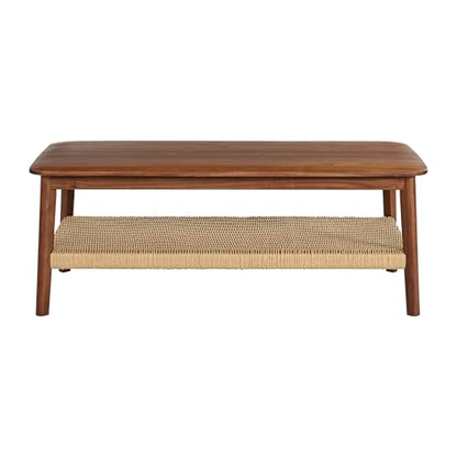 Calais 48 Inch Rectangular Solid Wood Coffee Table with Woven Storage Shelf – Mid Century Modern 2-Tier Living Room Table (Chestnut)