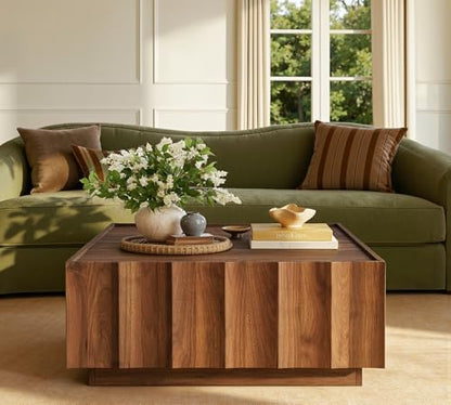 Square Coffee Table with Storage, Mid Century Modern Coffee Table with Wave Design, Wood Grain Finish, Minimalist Center Table with Top-Edge Finger Pull Design for Living Room, Office, Walnut