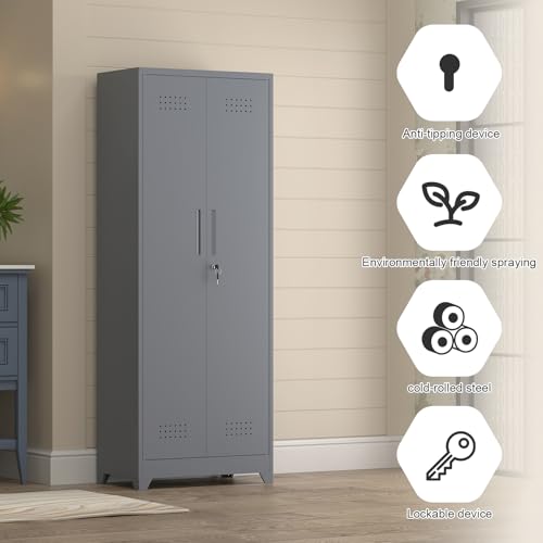 65" H Metal Garage Storage Cabinet,Broom Closet Storage Cabinet with Adjust Shelves,Utility Cabinet,Utility Closet for Garage,Gray