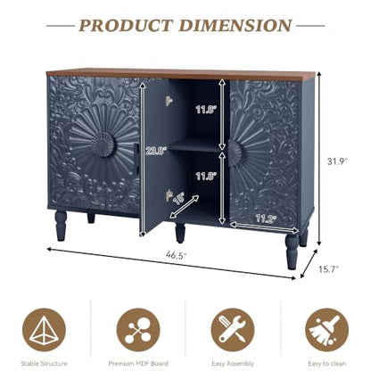 Blue Sideboard Buffet Cabinet with Embossed Floral Doors, view 3