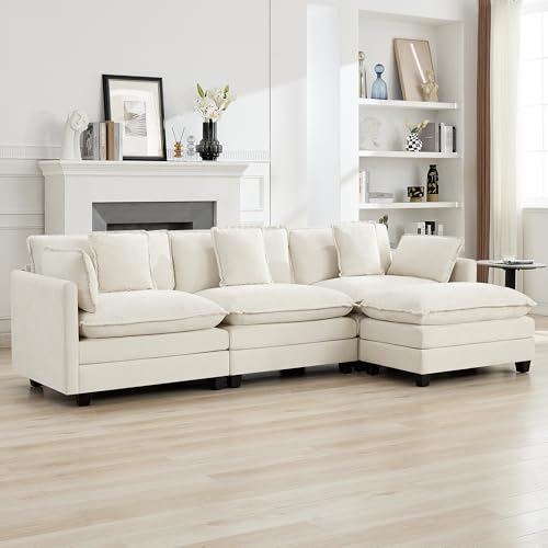 111'' Sectional Cloud Deep Seat Couch, Modern Comfy Chenille L Shaped Sectional Sofa for Living Room Set, Upholstered Modular 4-Seats Sofa Couch with Movable Ottoman, Beige